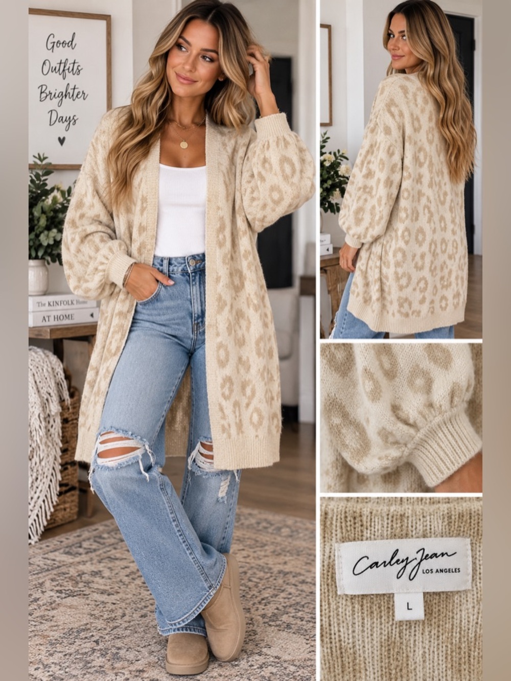 Carly Jean Los Angeles Cream Leopard Print Open Front Duster Cardigan